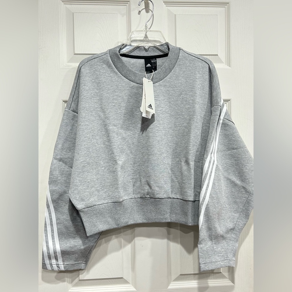 adidas Women's M Medium Future Icons 3-Stripes Crew Sweatshirt Grey White NWT
